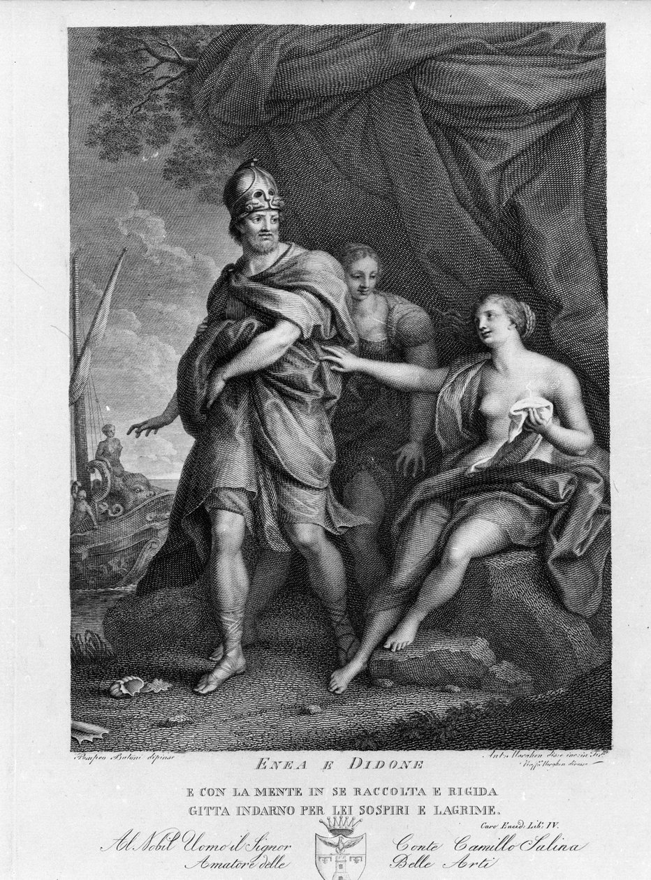 Eneide de Virgil (70 eKr.-19 eKr.), Kirja IV, Troijan sankarit Enee hylkää Didonin, joka teki epätoivoisen itsemurhan. Kaiverrus Pompeo Batonin (1708-1787) maalauksen jälkeen tekijältä Pompeo Girolamo (after) Batoni