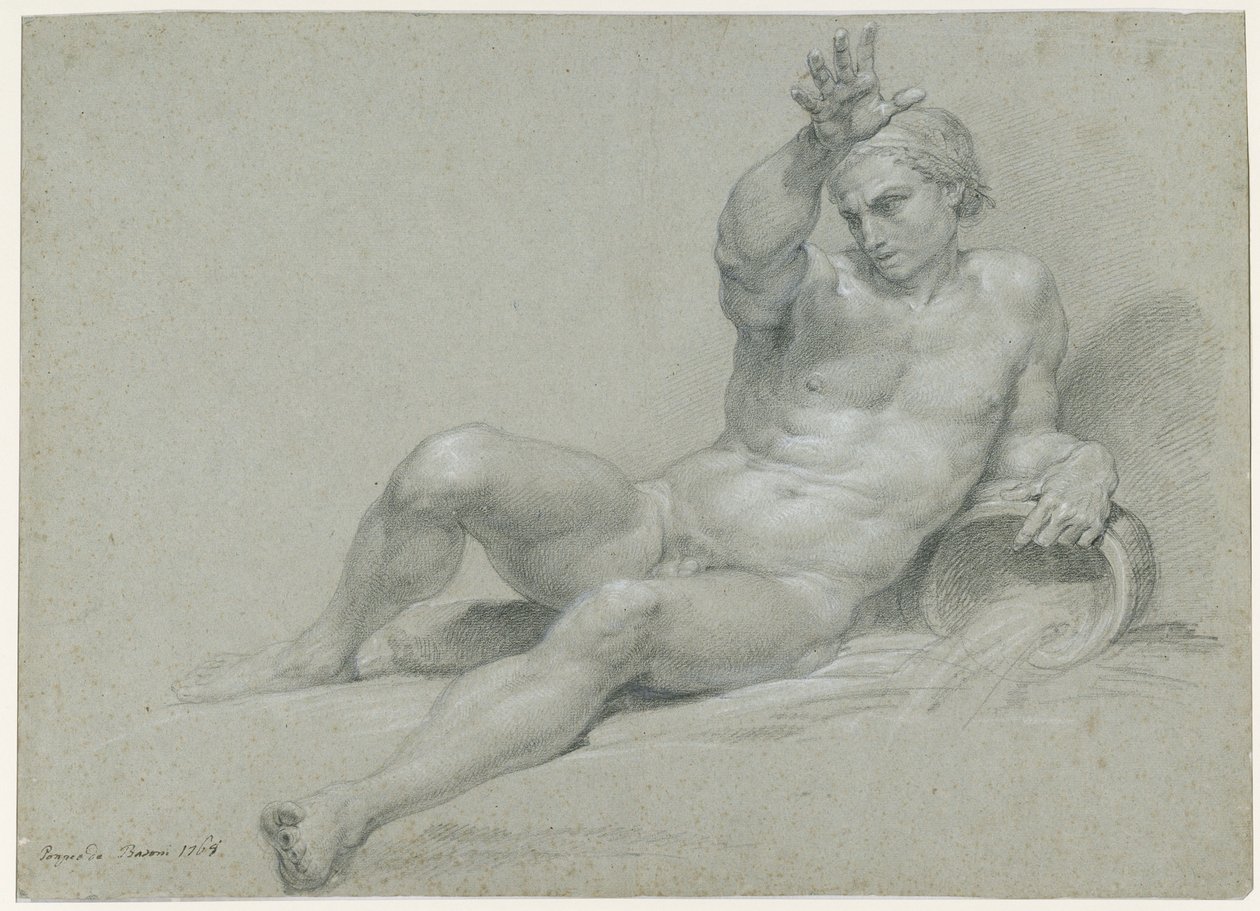 Alastonharjoitelma makaavasta miesmallista oikea käsivarsi kohotettuna, antiikin jokijumalan asennossa, viistosti vasemmalta nähtynä tekijältä Pompeo Girolamo Batoni
