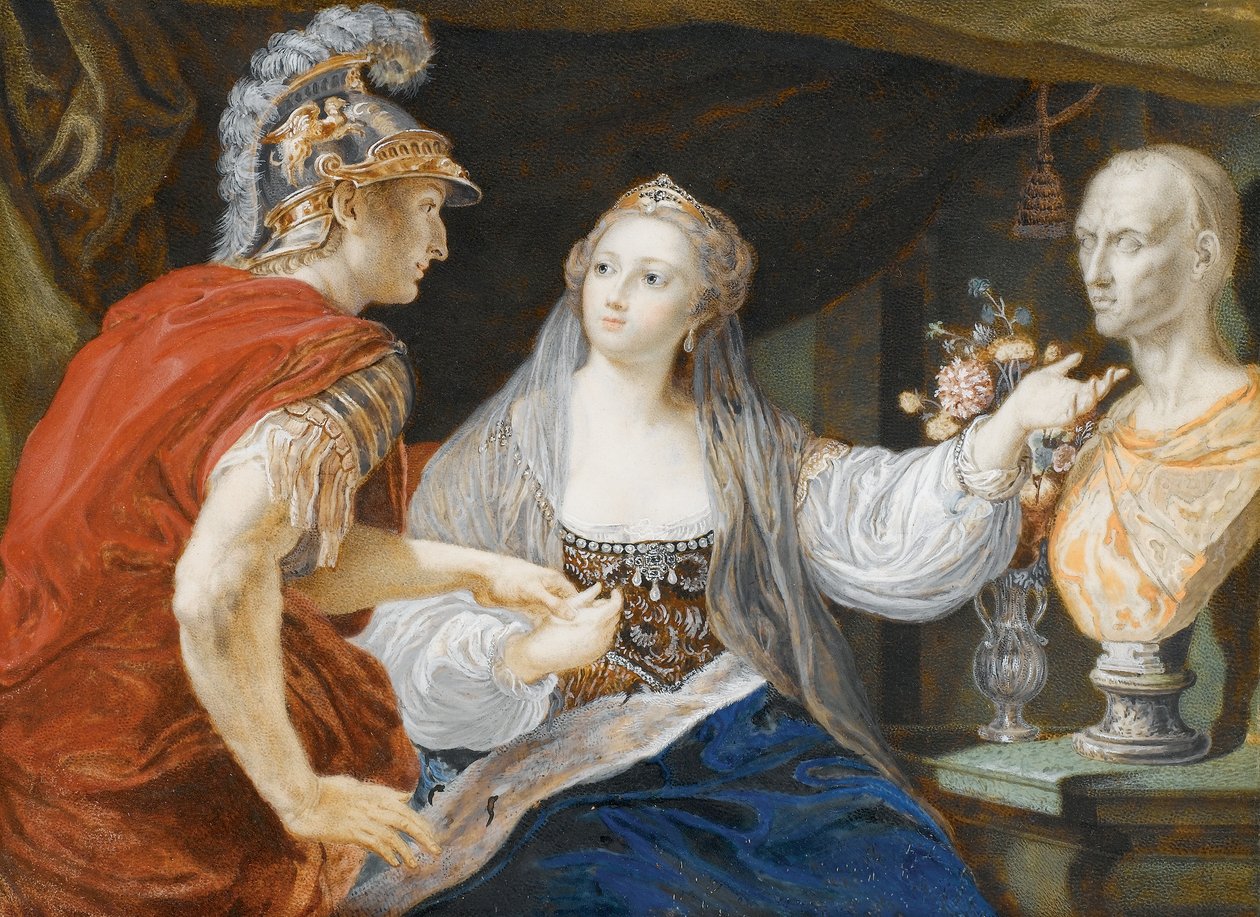 Kleopatra näyttää Octaviukselle Caesarin rintakuvan tekijältä Pompeo Girolamo Batoni