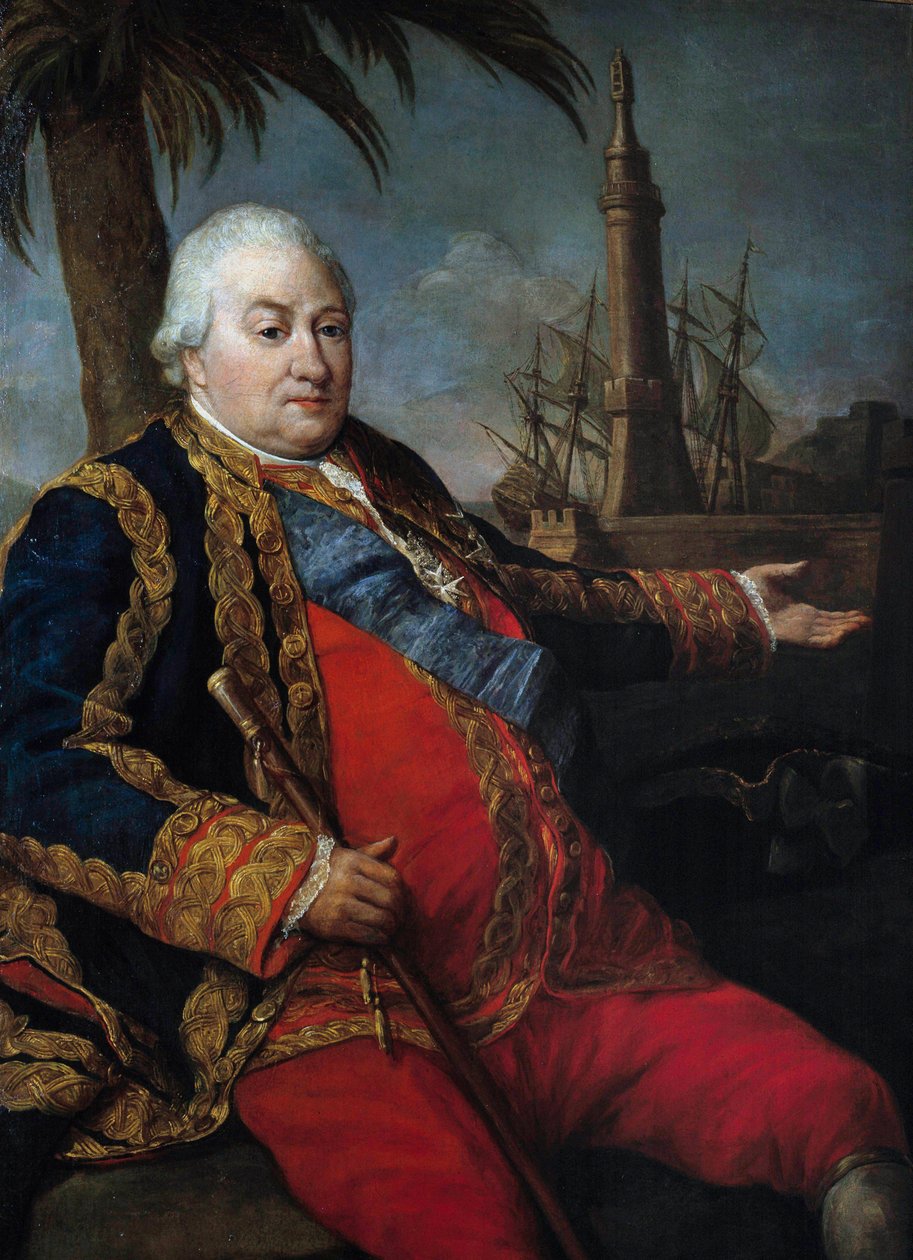 Muotokuva Pierre Andre de Suffrenista Saint-Tropezista (Saint-Trophez), Suffrenin ulosottista (1729-1788), vara-amiraalista, laivaston upseerin suuressa univormussa. Pompeo Batonin (1708-1787) maalaus tekijältä Pompeo Girolamo Batoni