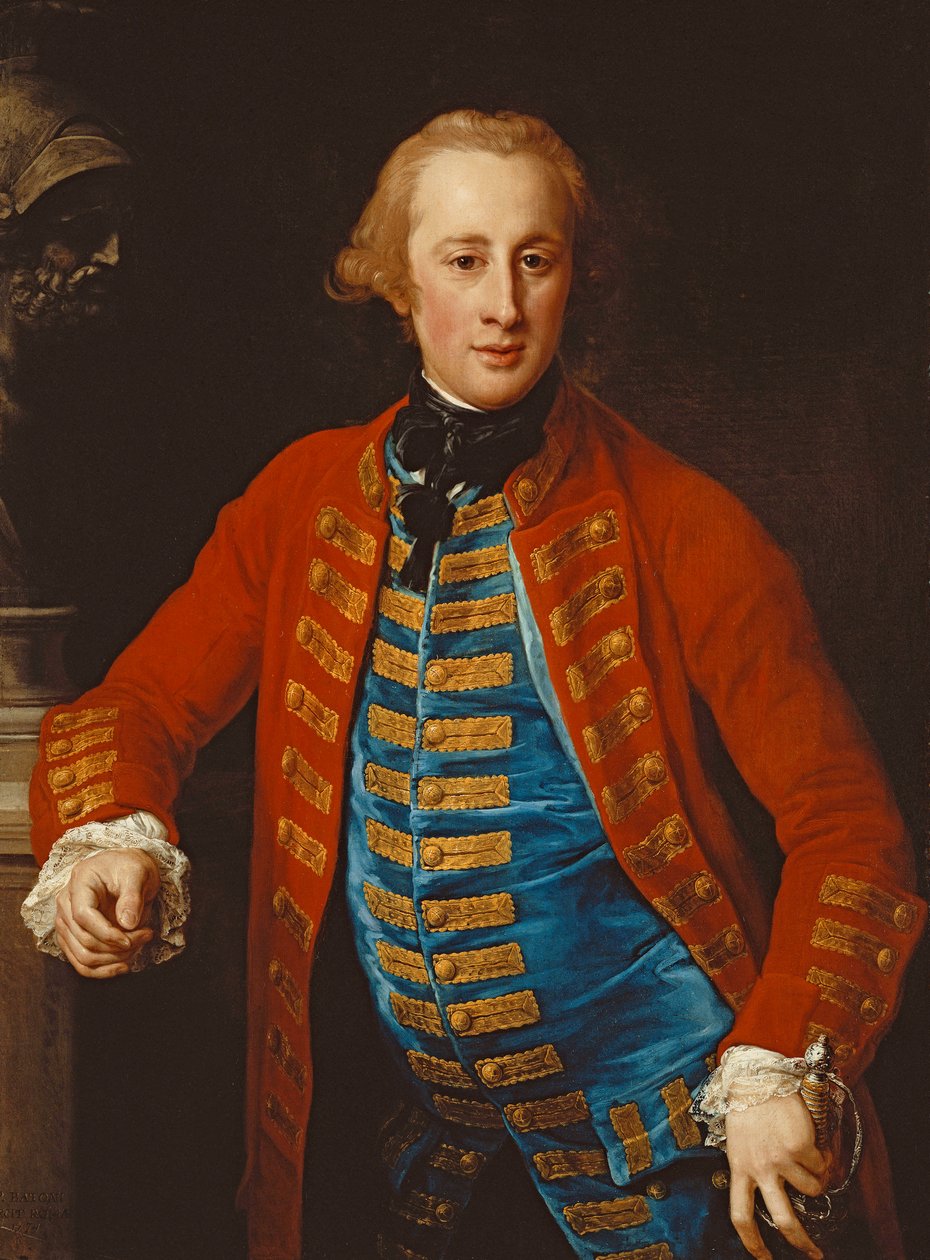 Muotokuva ratsuväen upseerista kävelypuvussa, kolme neljäsosaa, nojaten jalustalle Marsin rintakuvan vieressä, 1774 tekijältä Pompeo Girolamo Batoni
