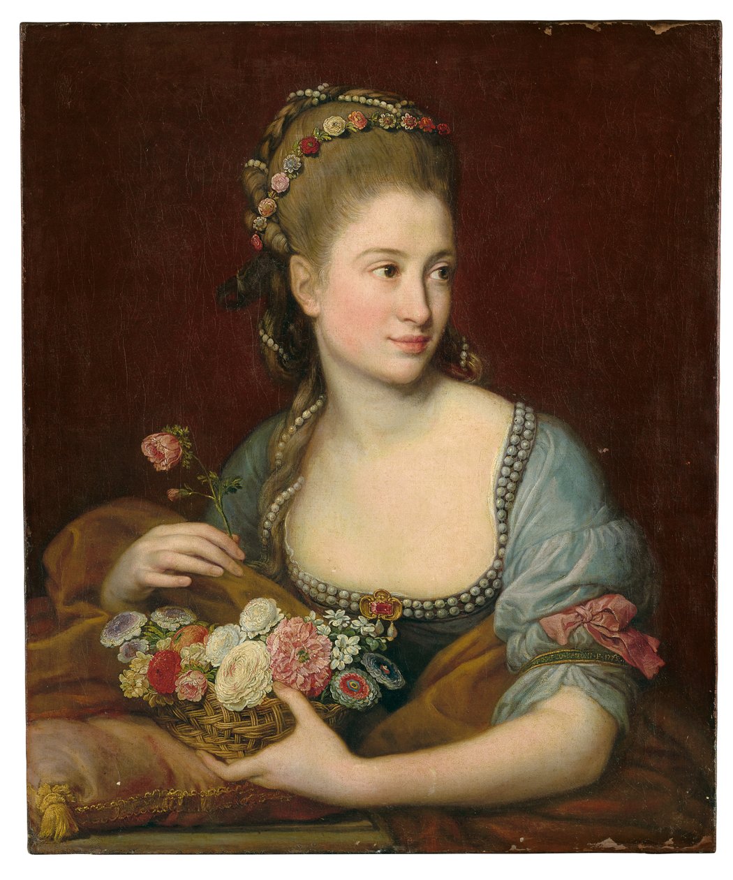 Naisen muotokuva Florana, puolipitkä, kädessään paju kukkakori tekijältä Pompeo Girolamo Batoni