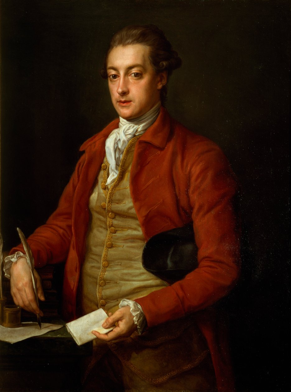 Muotokuva kunnia. Lionel Damer, puolipitkä punainen takki, harmaa liivi ja valkoinen cravat, kädessään Paperi ja sulkakynä (öljy kankaalle) tekijältä Pompeo Girolamo Batoni