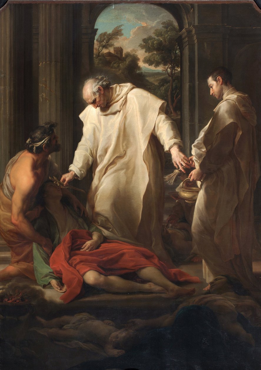 Siunattu Bernardo Tolomei auttamassa ruttouhreja tekijältä Pompeo Girolamo Batoni
