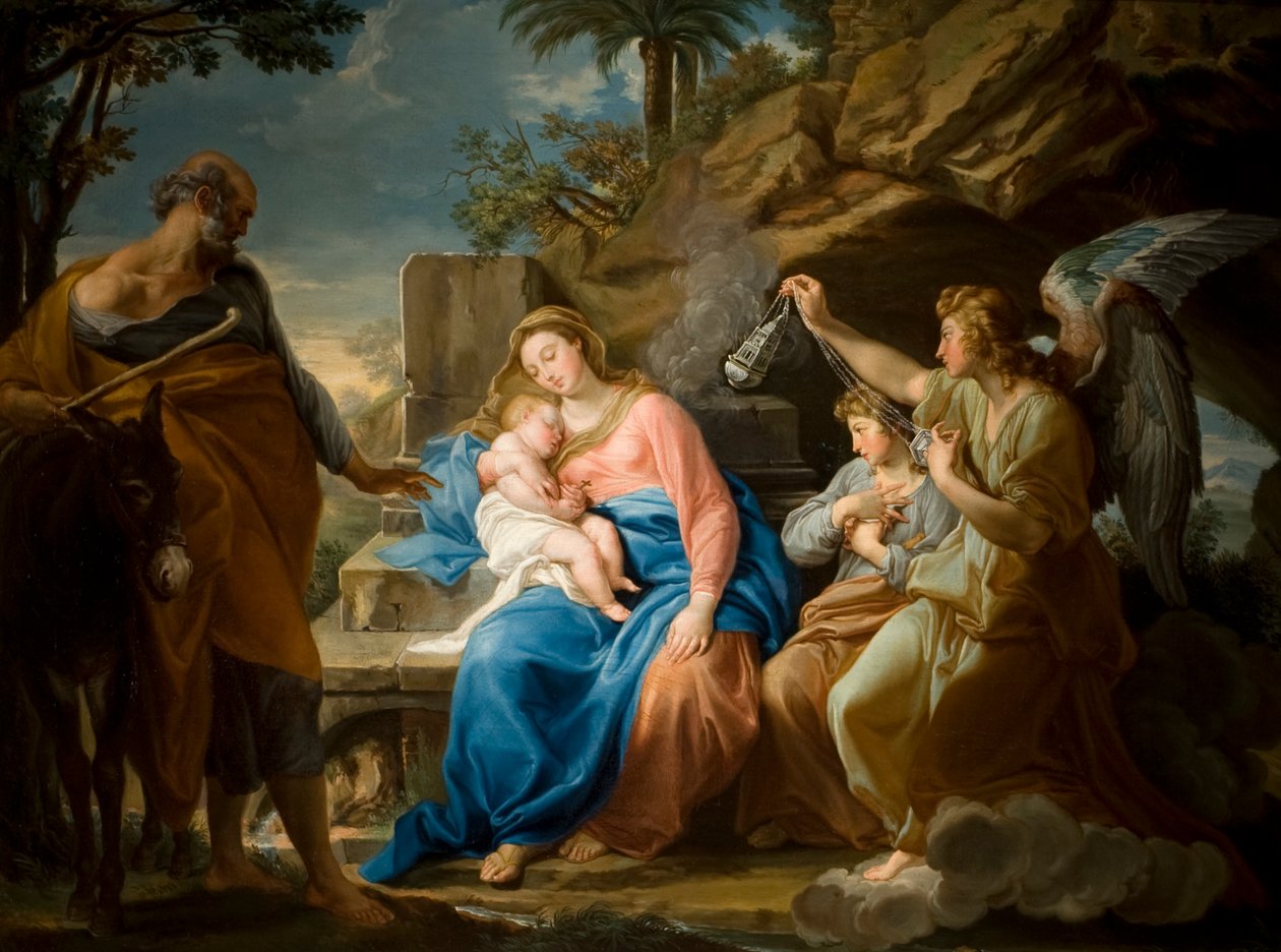 The Rest on the Flight to Egypt, n. 1740-49 (öljy kankaalle) tekijältä Pompeo Girolamo Batoni