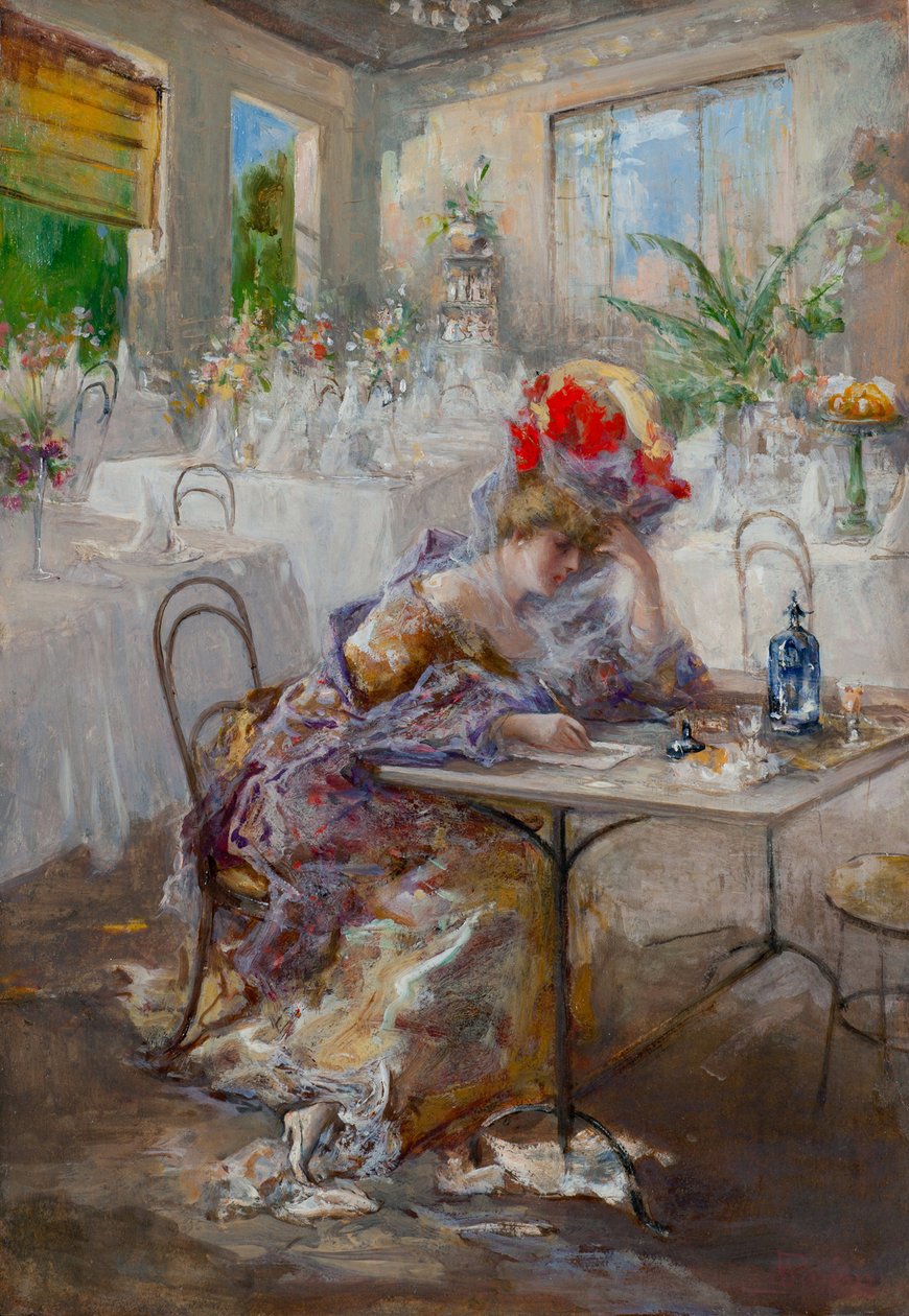 Kirje (tai Lady at the Cafe) par Mariani, Pompeo (1857-1927). Öljy pahville, koko: 49x34 tekijältä Pompeo Mariani