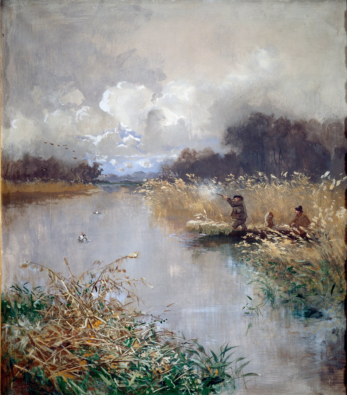 Pompeo Marianin (1857-1927) ankkametsästysmaalaus 1898 su. 115x100 cm Genes, Galleria d