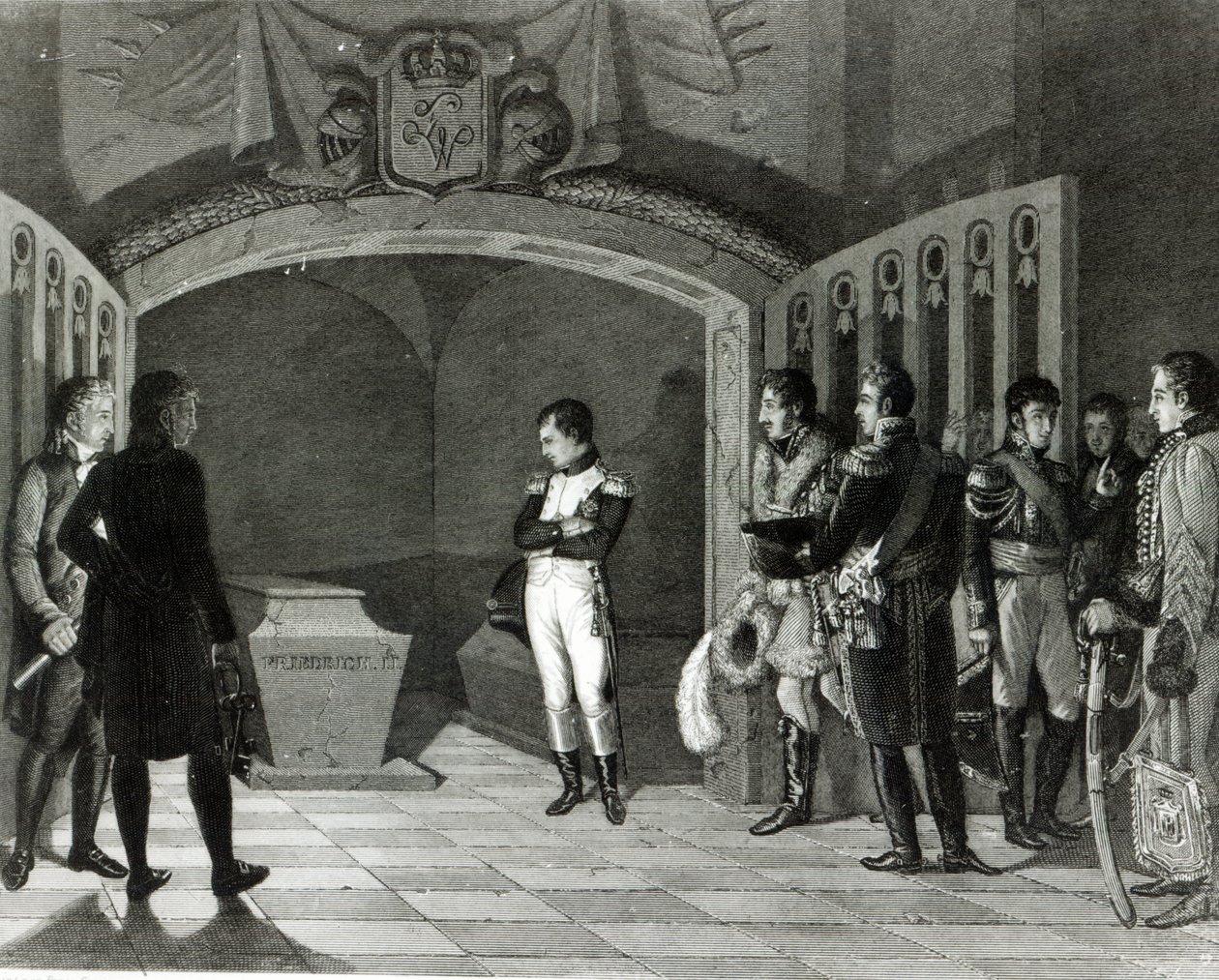 Napoleon meditoi Preussin Fredrik II:n haudan edessä Garnisonkirchen kryptassa Potsdamissa, n. 1810 tekijältä Ponce Camus. Marie Nicholas