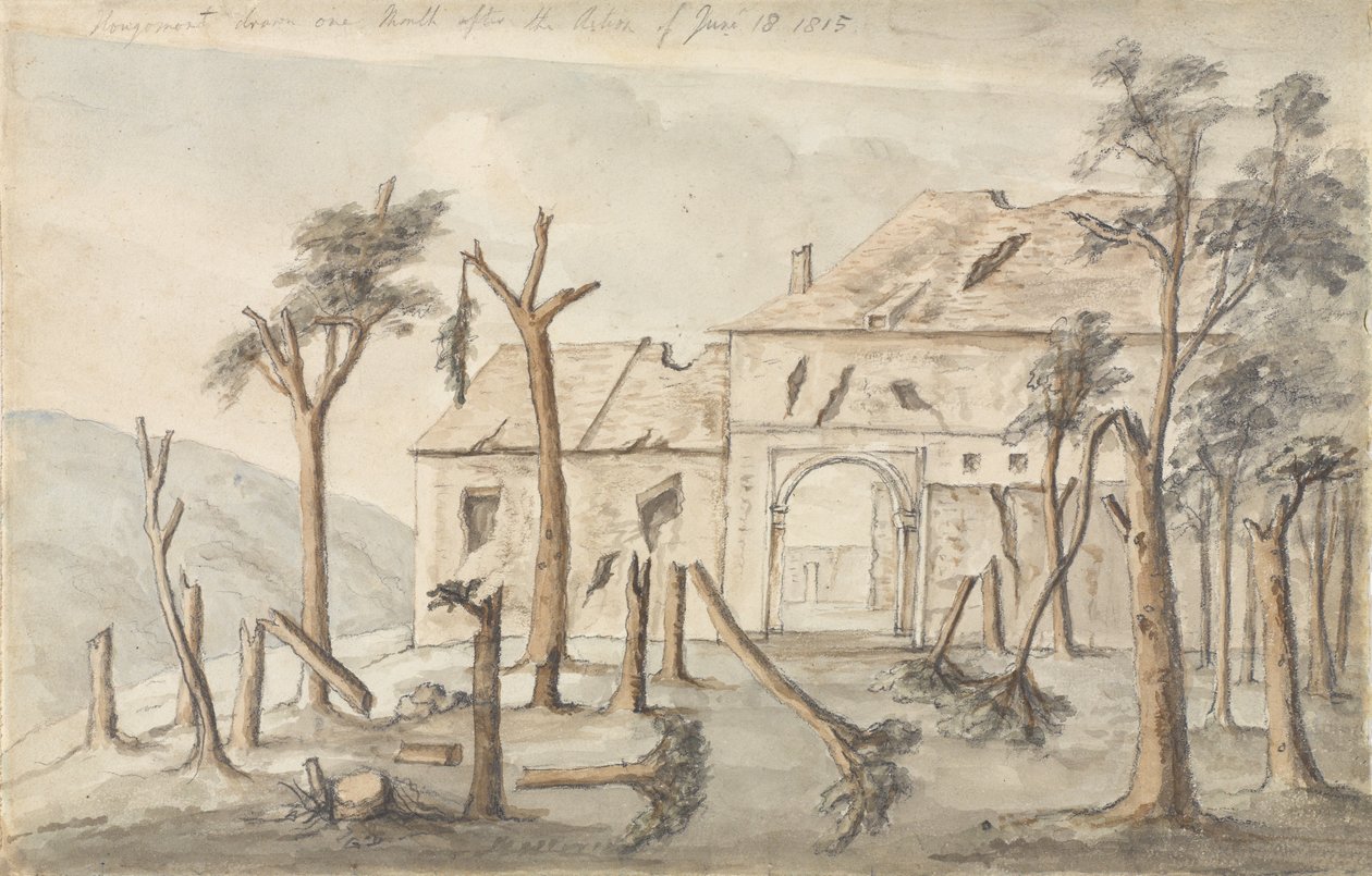 Hougoumont piirretty kuukausi 18. kesäkuuta 1815, heinäkuuta 1815 tapahtuneen toimen jälkeen (kynä ja wc paperilla) tekijältä Ponsonby