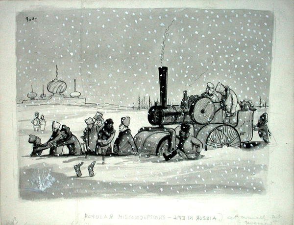 Suosittuja väärinkäsityksiä: Elämä Venäjällä, Punchin kuvitus, julkaistu 27. joulukuuta 1939 (kynä, muste, yksivärinen akvarelli ja vartaloväri paperilla) tekijältä Pont