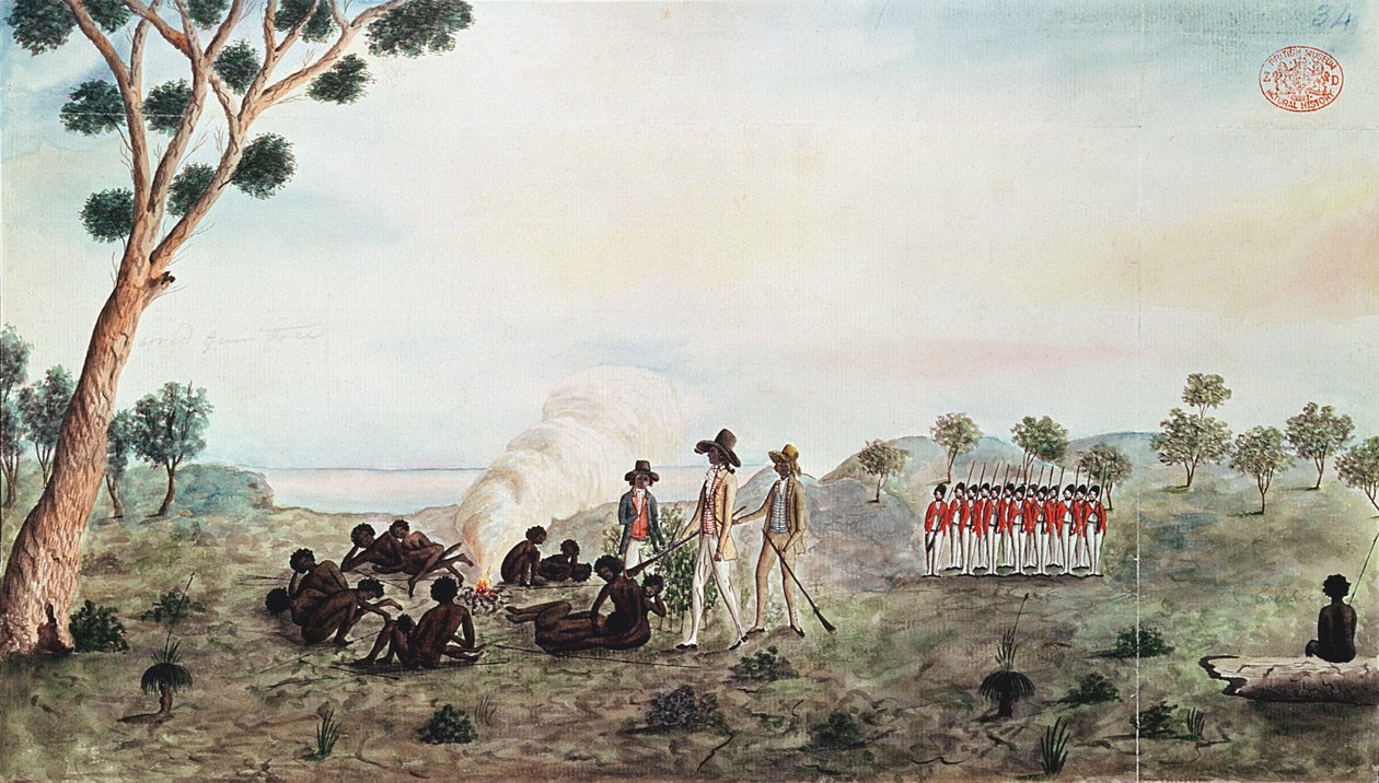 Mr White, Harris ja Laing sotilaiden kanssa vierailemassa Botany Bay Colebeessa kyseisessä paikassa haavoittuessaan lähellä Botany Baytä, n. 1790 tekijältä Port Jackson Painter
