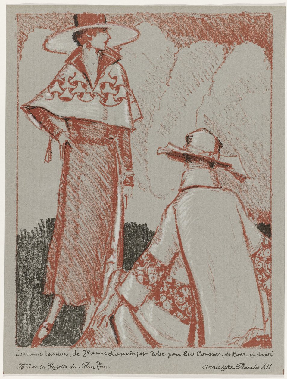Gazette du Bon Ton, 1921 - nro 3, osa XII: Jeanne Lanvinin räätälöity puku; ja puku ostoksille, de Beer (otsikko esineessä) tekijältä Porter Woodruff