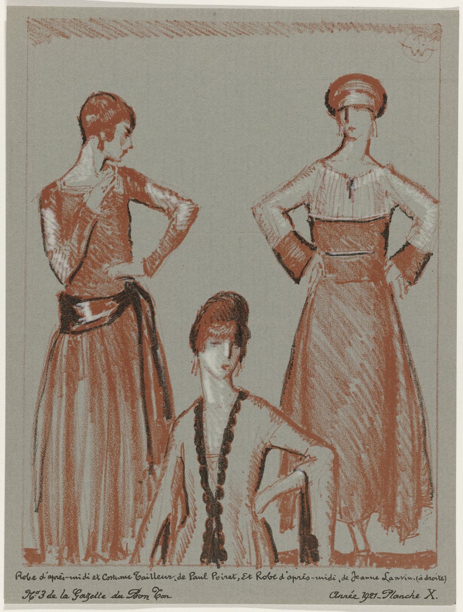 Gazette du Bon Ton, 1921 - nro 3, Pl. X: Iltapäivämekko ja räätälöity puku, kirjoittanut Paul Poiret, ja iltapäiväpuku, kirjoittanut Jeanne Lanvin (otsikko esineessä) tekijältä Porter Woodruff