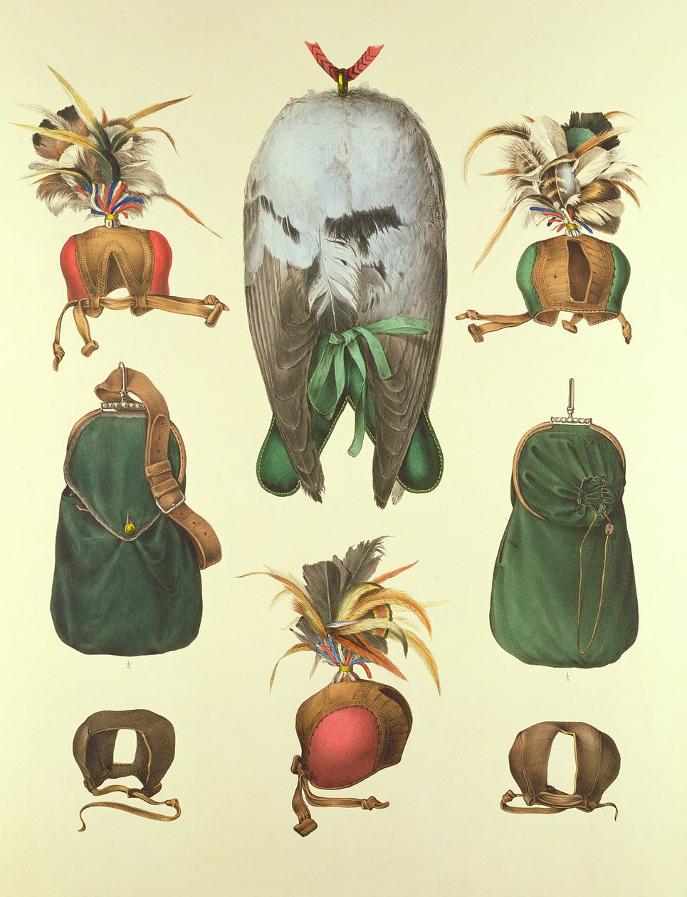 Haukkametsästyslaitteet, H. Schlegelin ja A.H.:n Traite de Fauconnerieltä. Verster de Wulverhorst, 1844-53 tekijältä Portman and Van Wouw