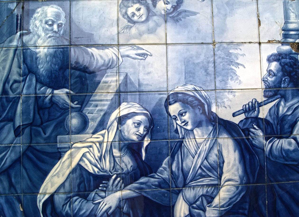 Koristepaneeli, joka kuvaa Mariaa ja Josephia saapumassa Inniin, Lamegoon, Portugaliin. 1738 (keraamiset laatat) tekijältä Portuguese School