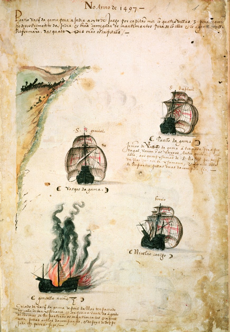 Vasco da Gaman (n. 1469-1524) lähtö vuonna 1497 Libro das Armadasista tekijältä Portuguese School