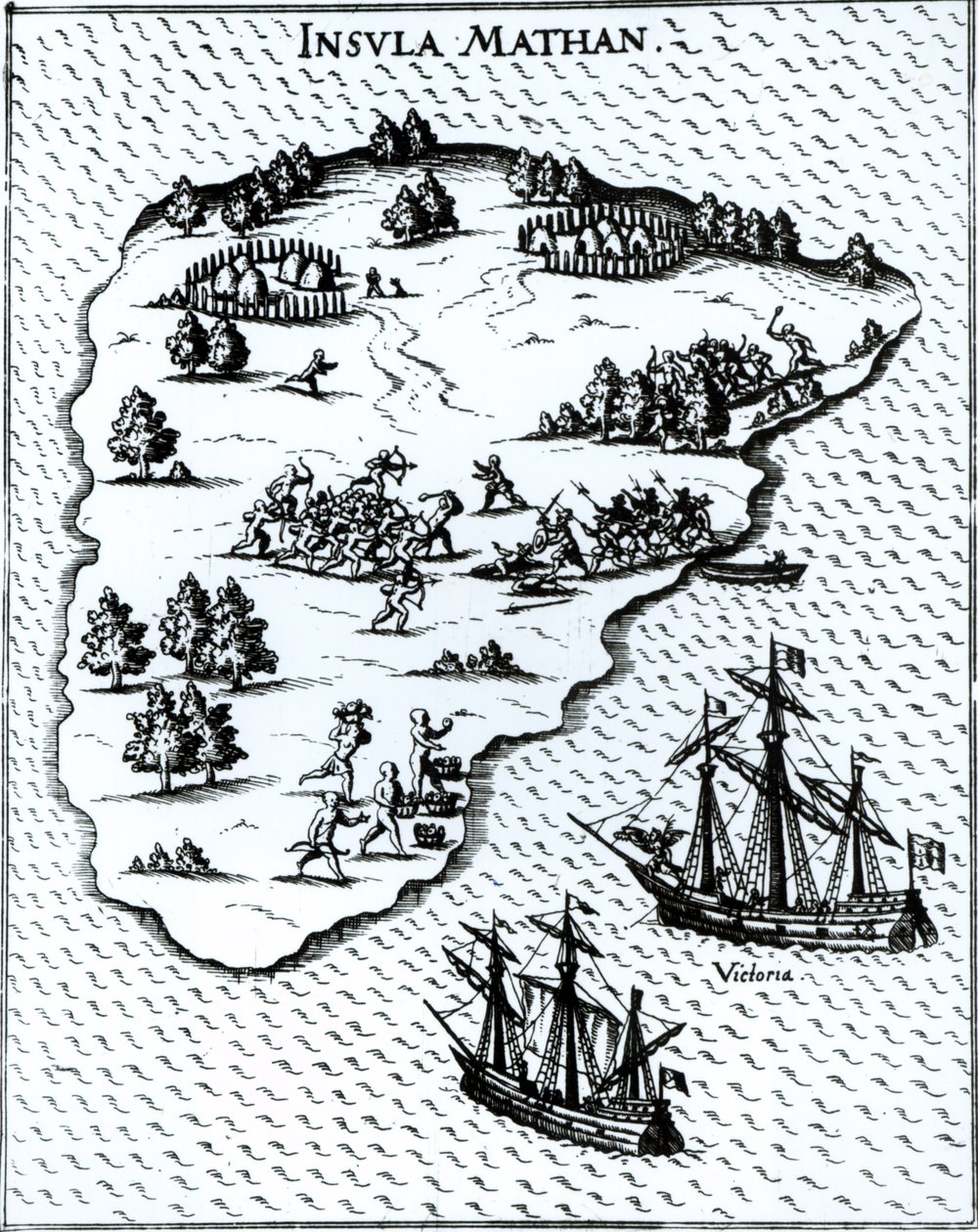 Ferdinand Magellan (n. 1480-1521) taisteli alkuperäisiä vastaan Mactanin saarella vuonna 1521 tekijältä Portuguese School