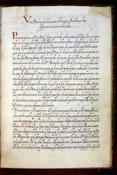 Sivu 1600-luvun alussa Lissabonissa laaditusta Syonin nunnien vaellushistoriasta (pergamentti). tekijältä Portuguese School