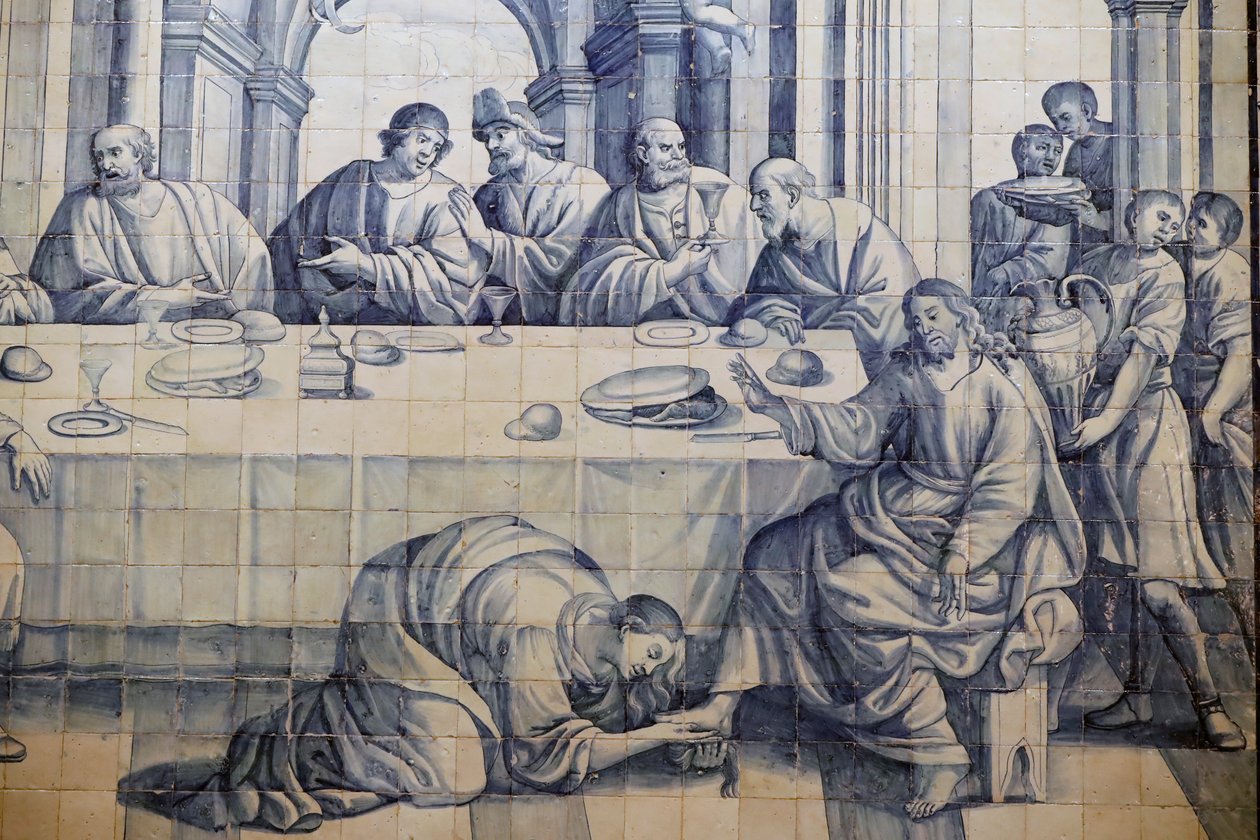 Armon kirkko. Azulejos. Jeesuksen voitelee syntinen nainen Luukas 7:36-50. Evora. Portugali. tekijältä Portuguese School