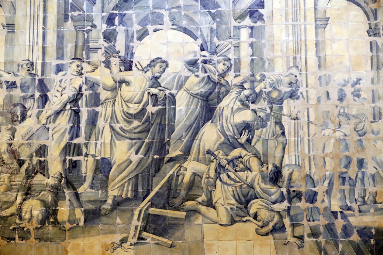 Armahduksen kirkko. Azulejos. Temppelin puhdistus kertomus. Jeesus. Evora. Portugali. tekijältä Portuguese School