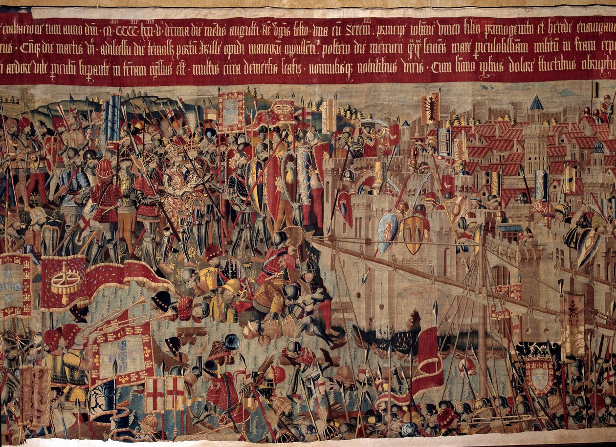 Afrikan valloitus: "" Portugalin laivaston Asilahin (Arzilan) vangitseminen Marokossa vuonna 1471"" Fragmentti 1500-luvun portugalilaisen koulukunnan kuvakudossta. Lissabon, kansallinen muinaisen taiteen museo tekijältä Portuguese School