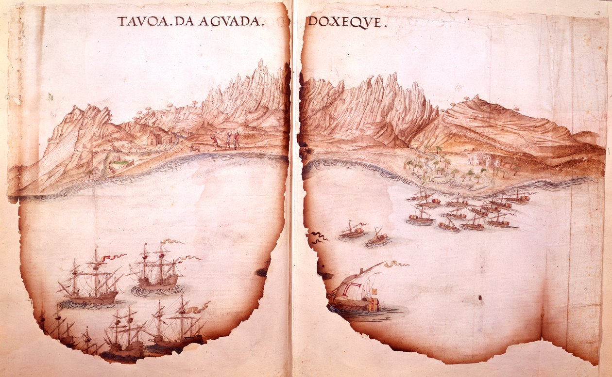 Cotton Tiberius D. IX, ff.11v-12 Näkymä Aguadasta, kuva Estevao de Gaman teoksesta "Reitti matkalle Goa Punaisellemerelle" tekijältä Portuguese School