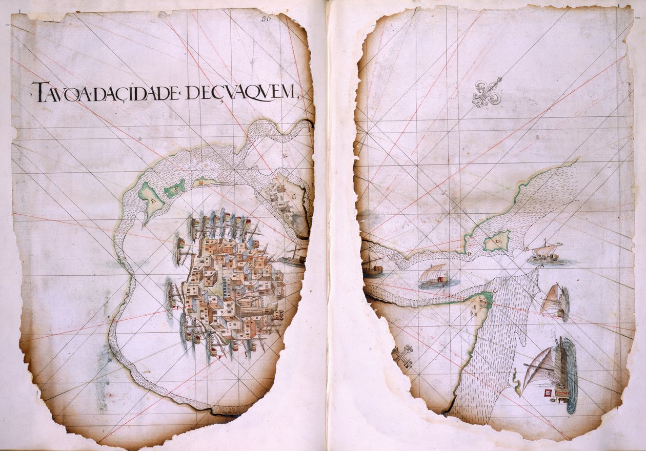 Cotton Tiberius D. IX, ff.36v-37 Cuaquem ja Persianlahti, kuva "Matkan matka Intiasta Sueziin", kirjoittanut Estevao de Gama tekijältä Portuguese School