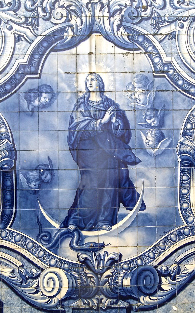Yksityiskohta koristepaneelista, jossa neitsyt Maria murskaa käärmeen, Lamego, Portugali. 1738 tekijältä Portuguese School