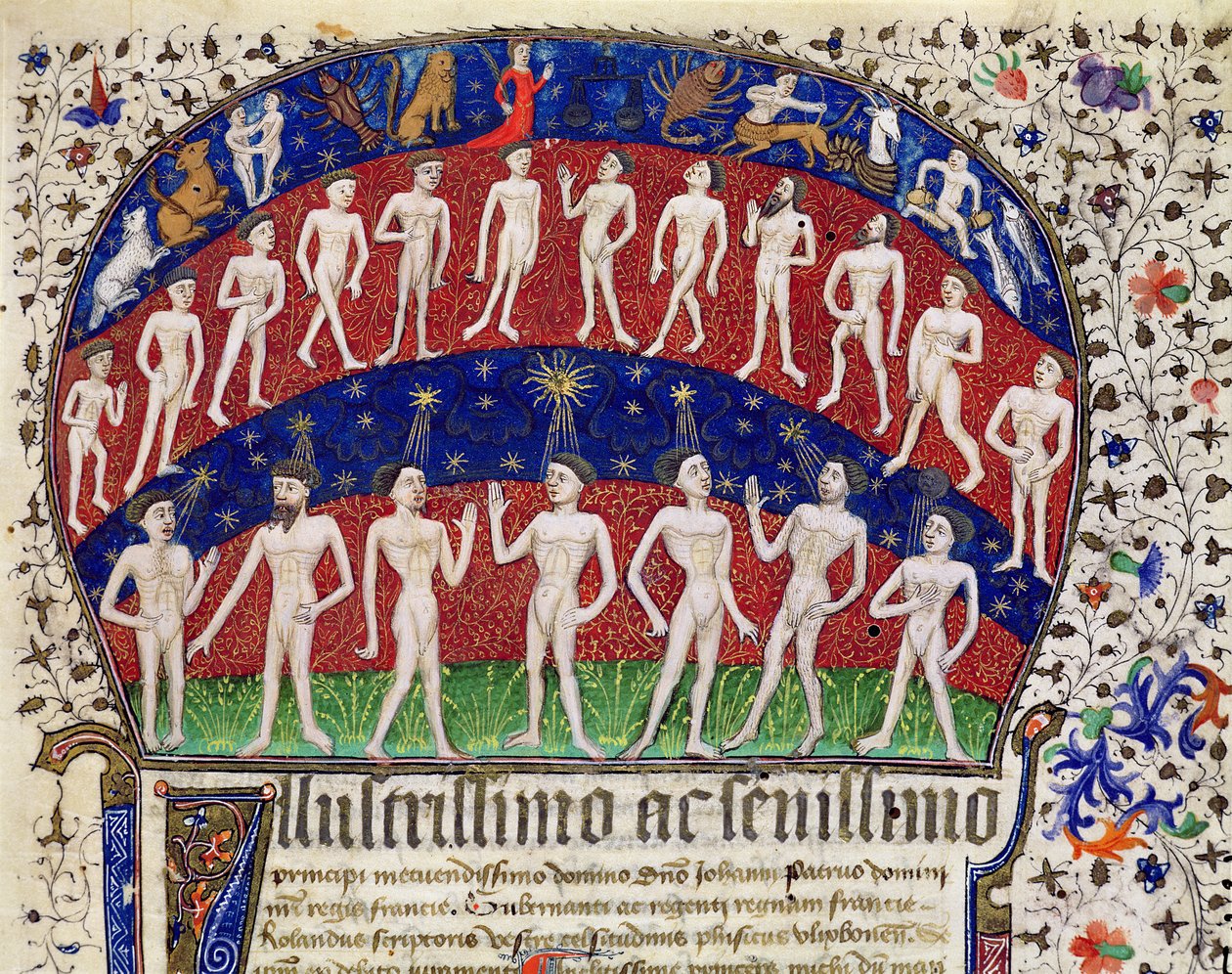 Fol.1 Horoskooppimerkit ja joukko miehiä, Rolandon (vellum) teoksesta "Fisiognonia" tekijältä Portuguese School