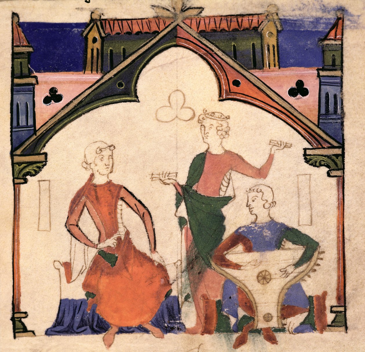Fol.4r muusikot, jotka soittavat kastanetteja ja psalteria, Chansonnier des Nobles tekijältä Portuguese School