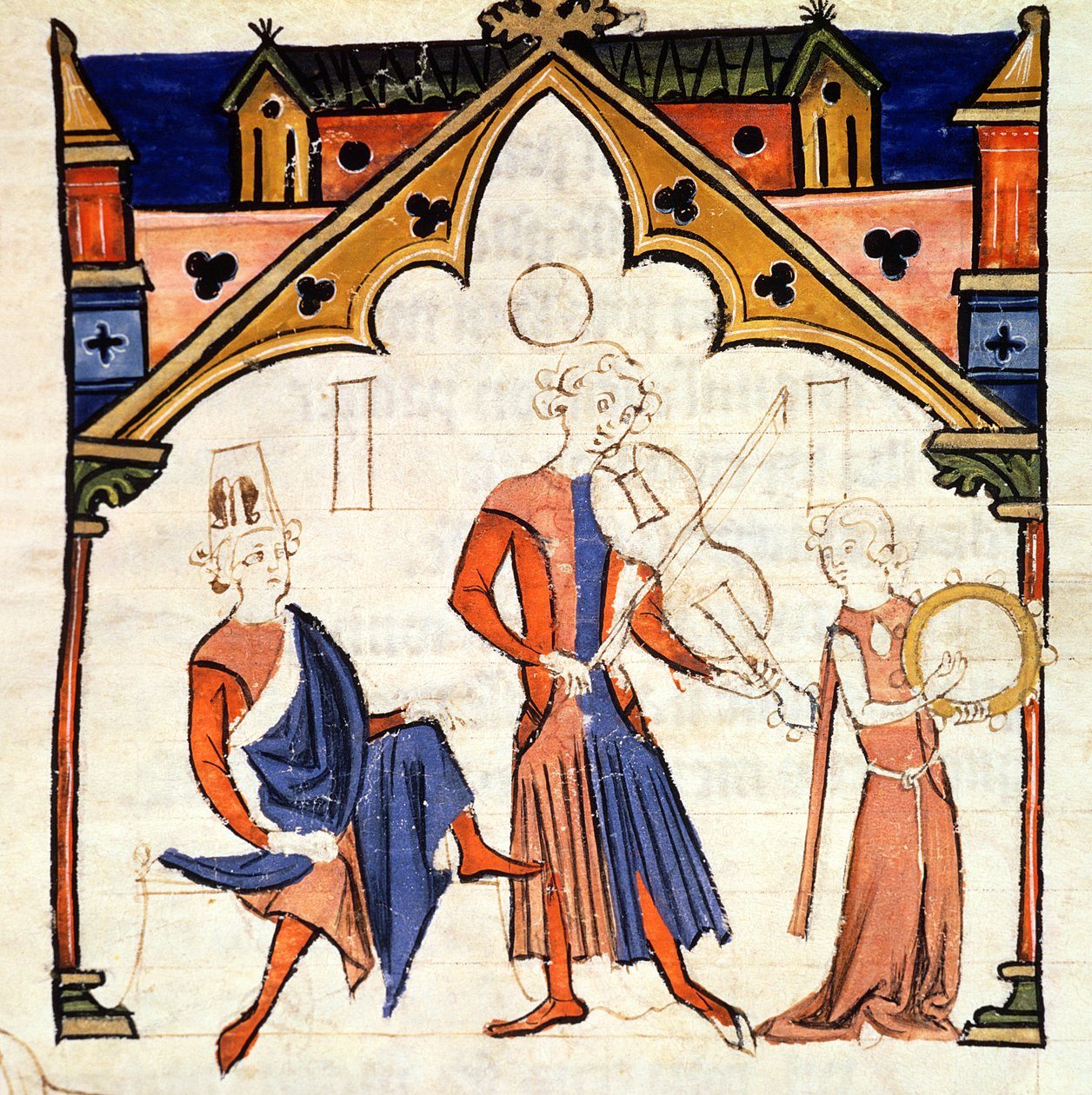 Fol.6r muusikot, jotka soittavat alttoviulua ja tamburiinia, Chansonnier des Nobles tekijältä Portuguese School