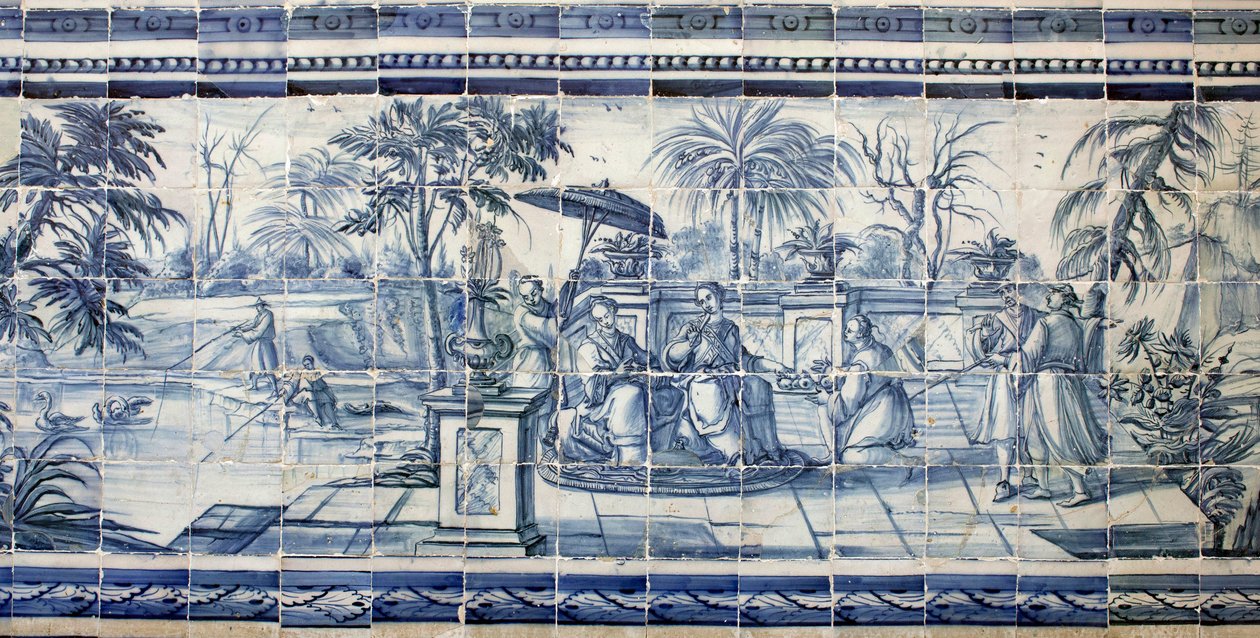 Hedelmien maistelua lähellä järveä Aasiassa - Azulejos, maalattu fajanssi tekijältä Portuguese School
