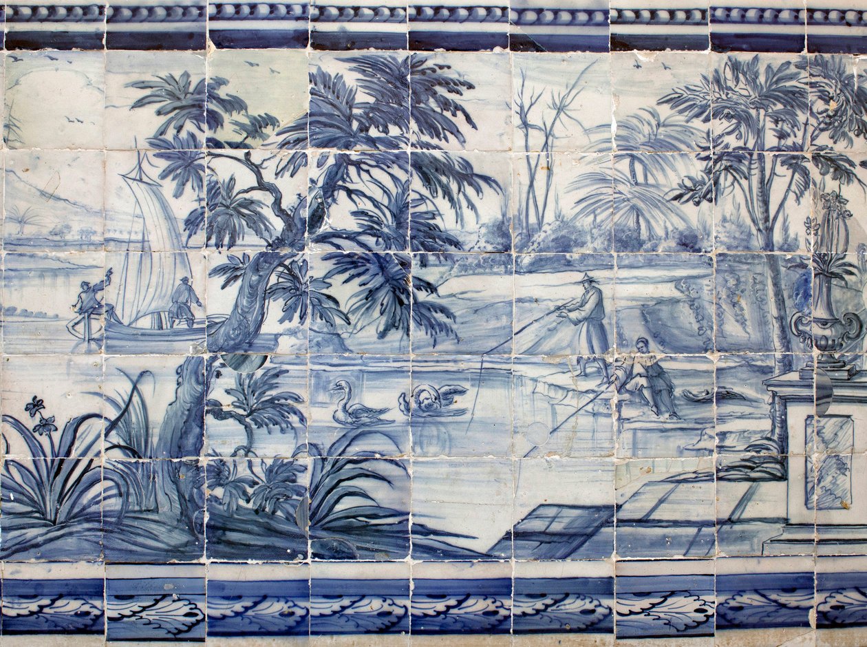 Järvikalastajat Aasiassa - Azulejos, maalattu fajanssi tekijältä Portuguese School