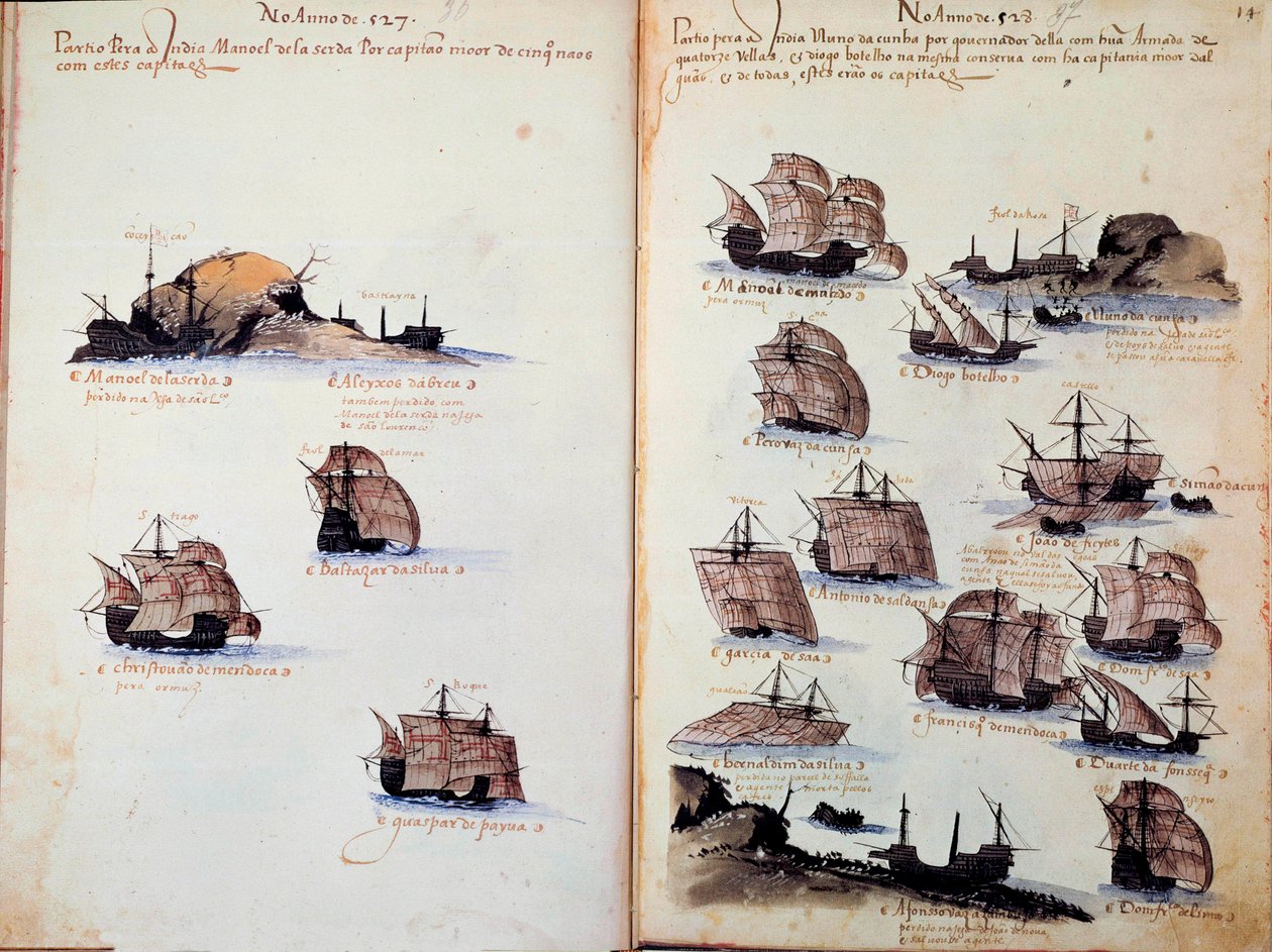 Käsikirjoitussivu "" Portugalin armadojen muistomerkit kuningas Manuel I:n (1469-1521) aikana"" edustaa portugalilaisia laivastoja. 1523 B.N. Pariisi tekijältä Portuguese School