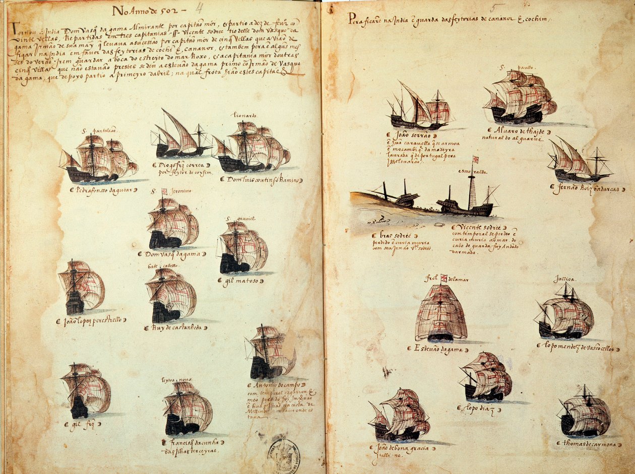 Käsikirjoitussivu "" Portugalin armadojen muistomerkit kuningas Manuel I:n (1469-1521) aikana"" edustaa portugalilaisia laivastoja. 1533 B.N. Pariisi tekijältä Portuguese School