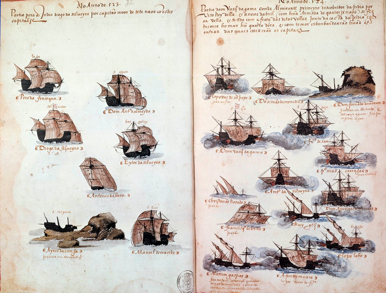 Käsikirjoitussivu "" Portugalin armadojen muistomerkit kuningas Manuel I:n (1469-1521) aikana"" edustaa portugalilaisia laivastoja. 1523 B.N. Pariisi tekijältä Portuguese School
