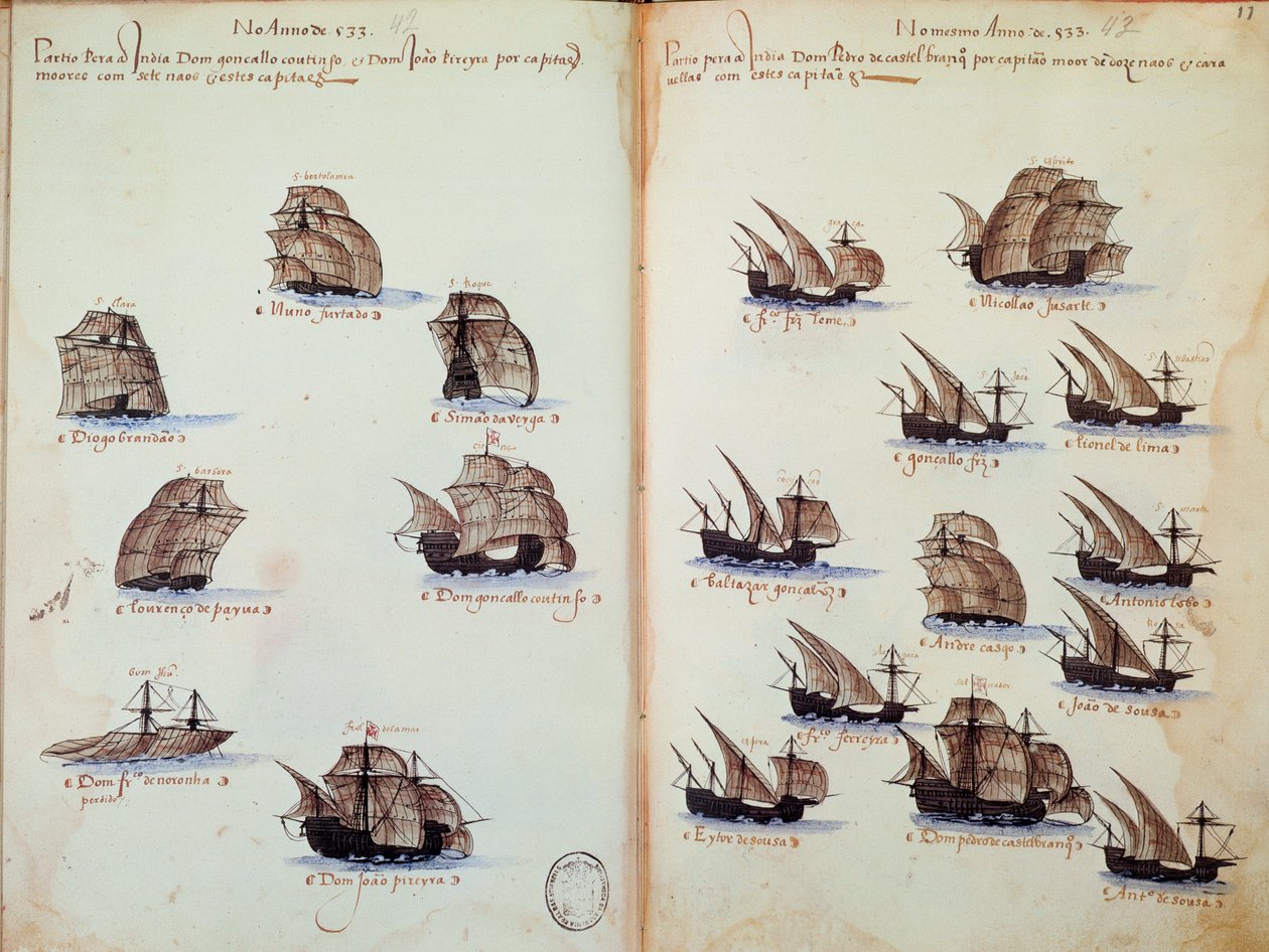 Käsikirjoitussivu "" Portugalin armadojen muistomerkit kuningas Manuel I:n (1469-1521) aikana"" edustaa portugalilaisia laivastoja tekijältä Portuguese School