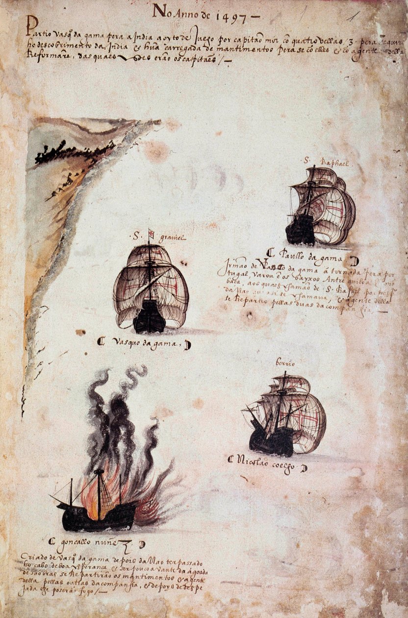 Käsikirjoitussivu "" Portugalin armadojen muistomerkit kuningas Manuel I:n (1469-1521) aikana"", joka edustaa vuoden 1497 portugalilaisia laivastoja. 1523 B.N. Pariisi tekijältä Portuguese School
