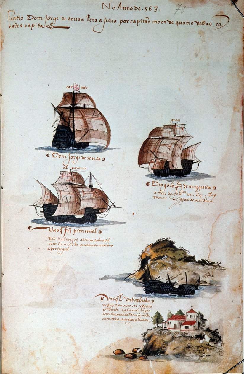 Käsikirjoitussivu "" Muistoja Portugalin armadoista kuningas Manuel I:n (1469-1521) aikana", joka edustaa vuoden 1497 portugalilaisia laivastoja. 1500 Lissabon, Kansallinen muinaisen taiteen museo tekijältä Portuguese School
