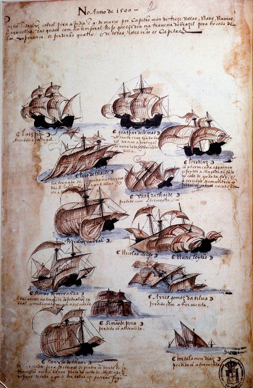 Käsikirjoitussivu "" Muistoja Portugalin armadoista kuningas Manuel I:n (1469-1521) aikana", joka edustaa vuoden 1497 portugalilaisia laivastoja. 1500 Lissabon, Kansallinen muinaisen taiteen museo tekijältä Portuguese School
