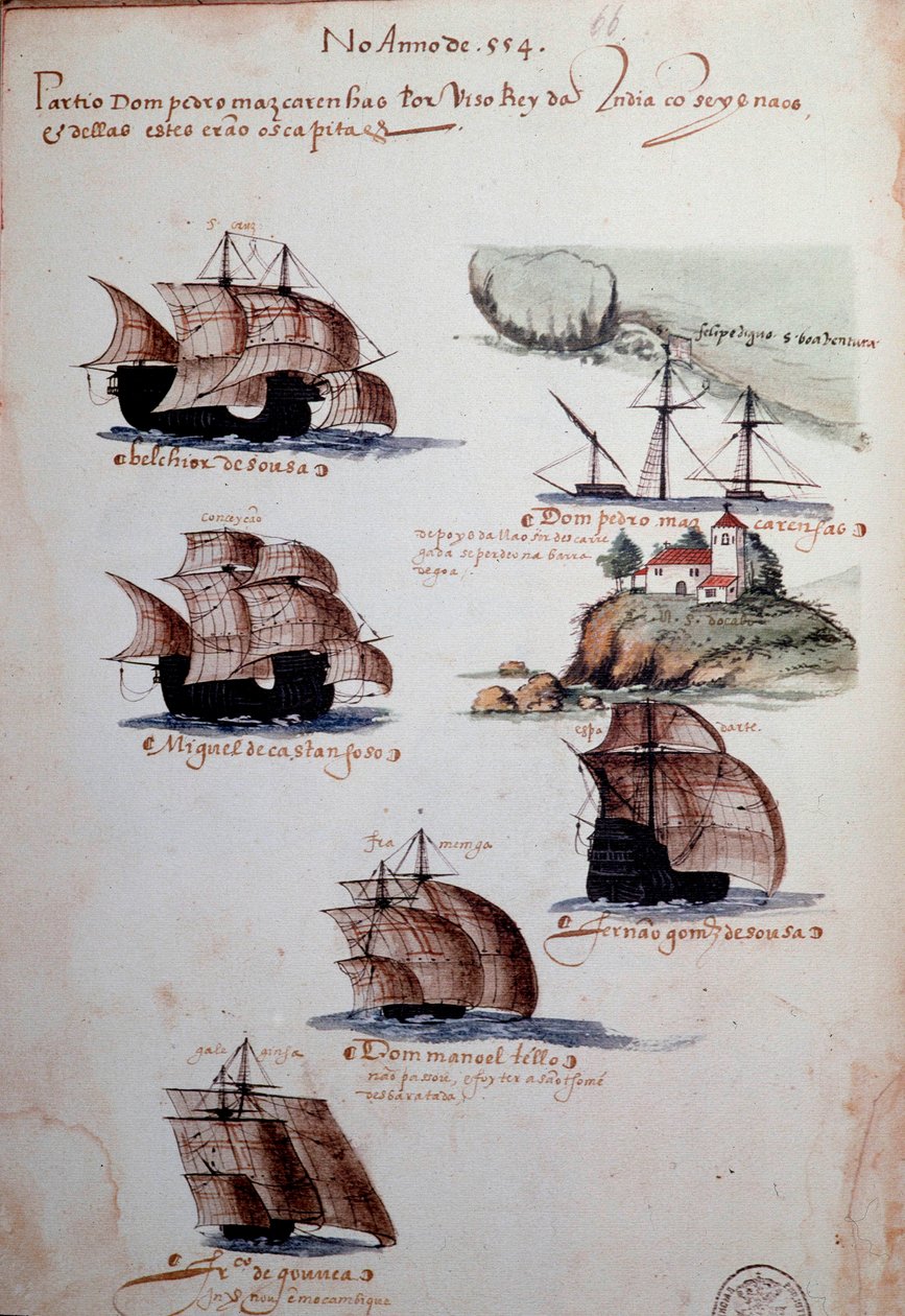 Käsikirjoitussivu "" Muistoja Portugalin armadoista kuningas Manuel I:n (1469-1521) aikana", joka edustaa vuoden 1497 portugalilaisia laivastoja. 1500 Lissabon, Kansallinen muinaisen taiteen museo tekijältä Portuguese School