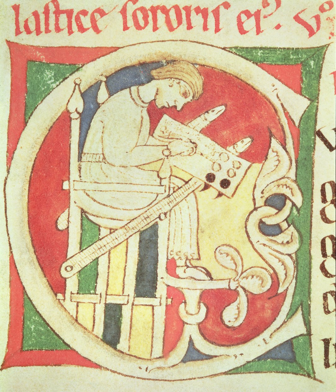 Ms 22 fol.139r Historioitu alkukirjain C, joka kuvaa munkkia kirjoittamassa, Santa Cruz de Coimbrassa sijaitsevasta Vitae Sanctorumista tekijältä Portuguese School