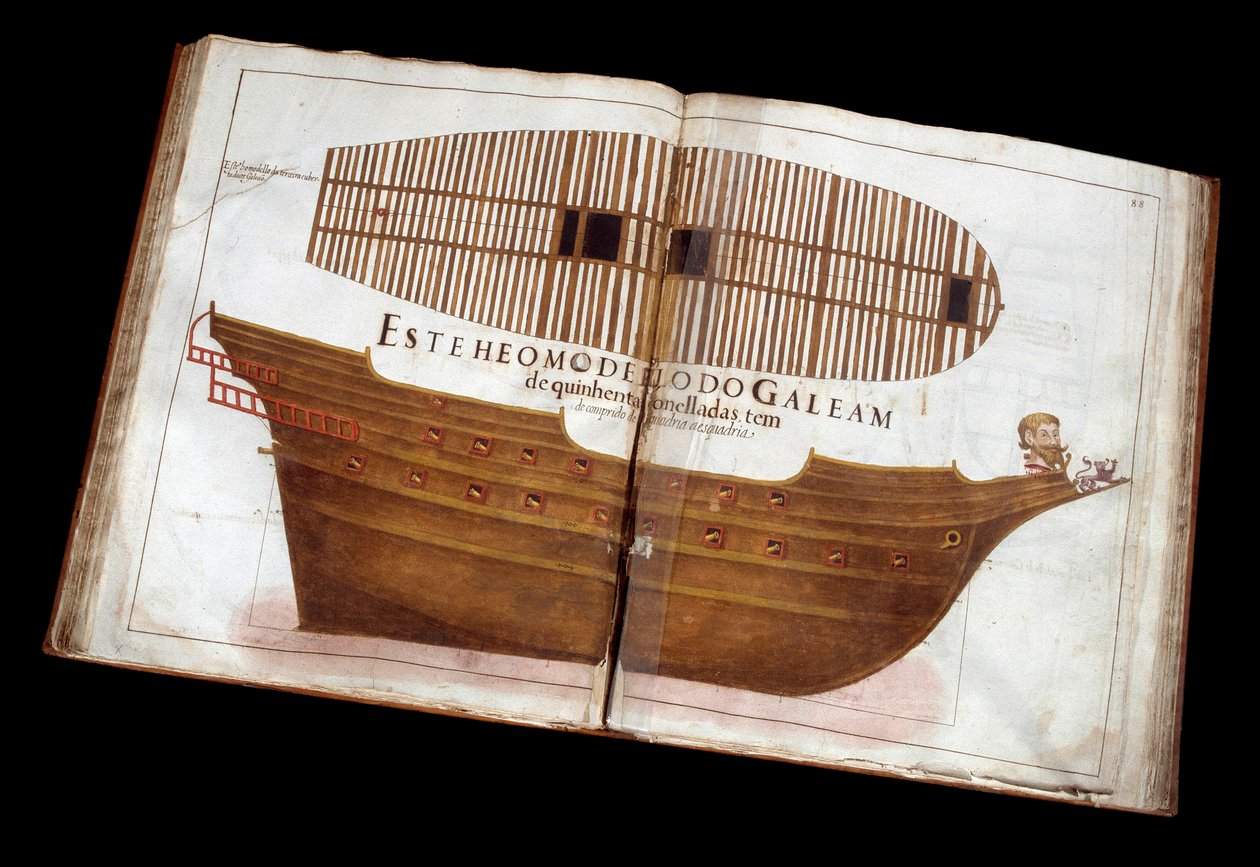 Laivastoarkkitehtuuri: Manuel Fernandezin arkkitehtonisen tutkielman (Livro de Tracas de Carpintaria) sivu: laivan leikkaaminen tekijältä Portuguese School