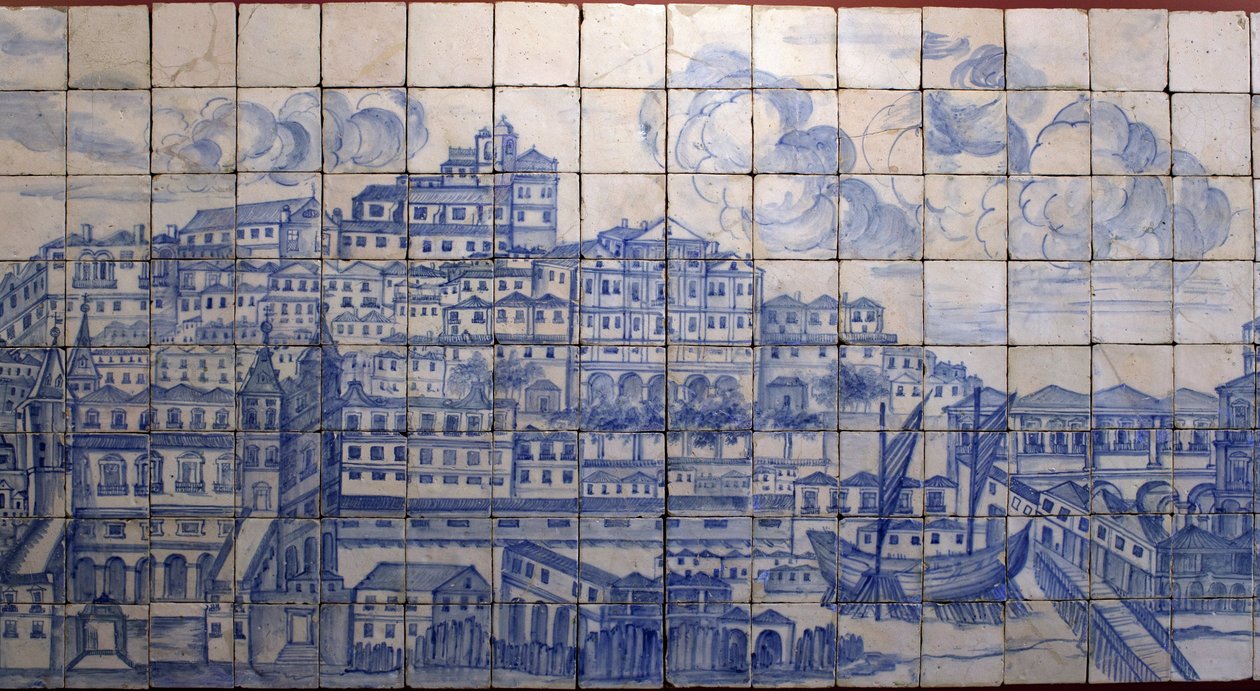 Panoraamanäkymä Lissaboniin, ennen vuoden 1755 maanjäristystä - Azulejos 1700-luvun alussa, paneeli varoitus entisestä Tentugalin kreivien palatsista, Lissabon (Lissabonin suuri panoraama ennen vuoden 1755 maanjäristystä, fajanssi 1700-luvun alussa, muinai tekijältä Portuguese School
