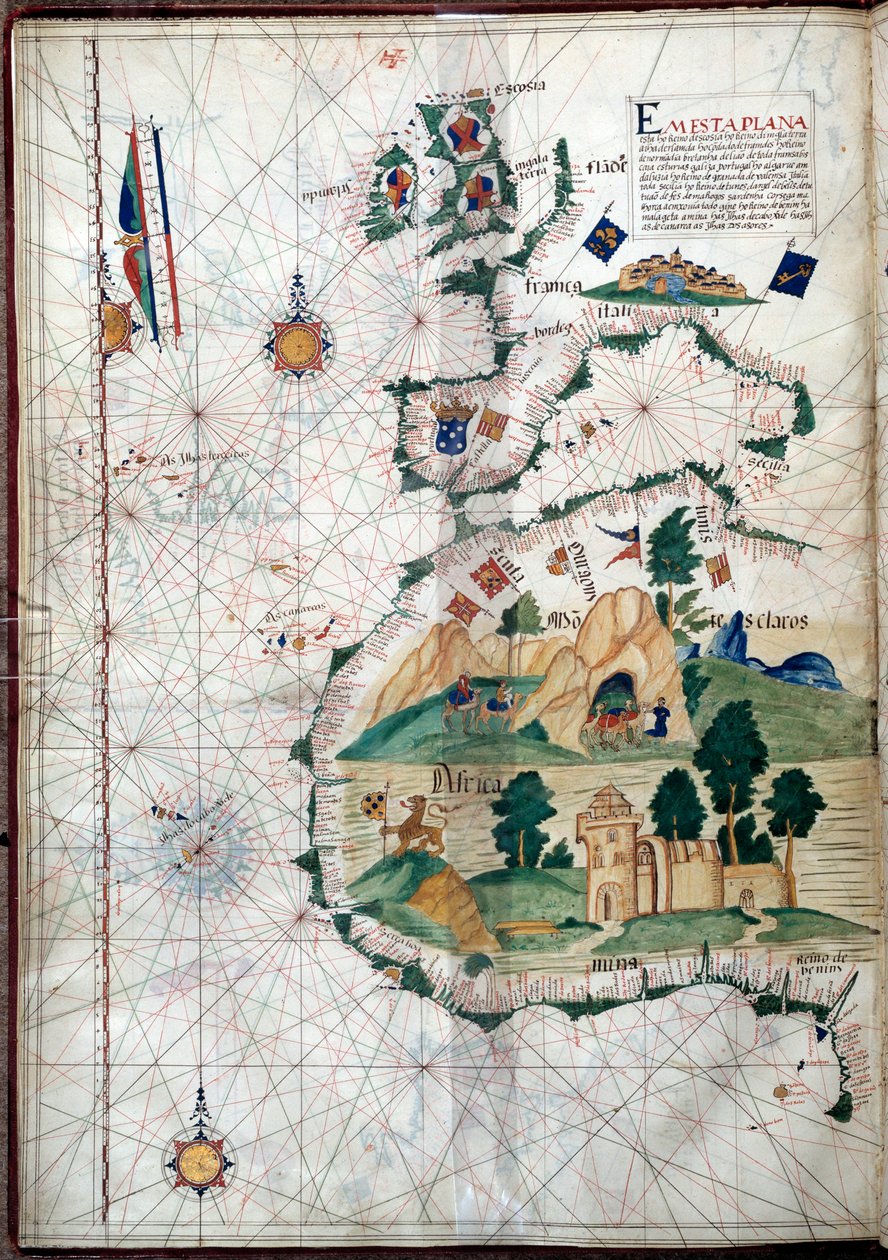Portulan Afrikan länsirannikolta Kanariansaarten kanssa. Portugalilaisen Luis Lazaren maantieteellinen kartta (1500-luku) tekijältä Portuguese School