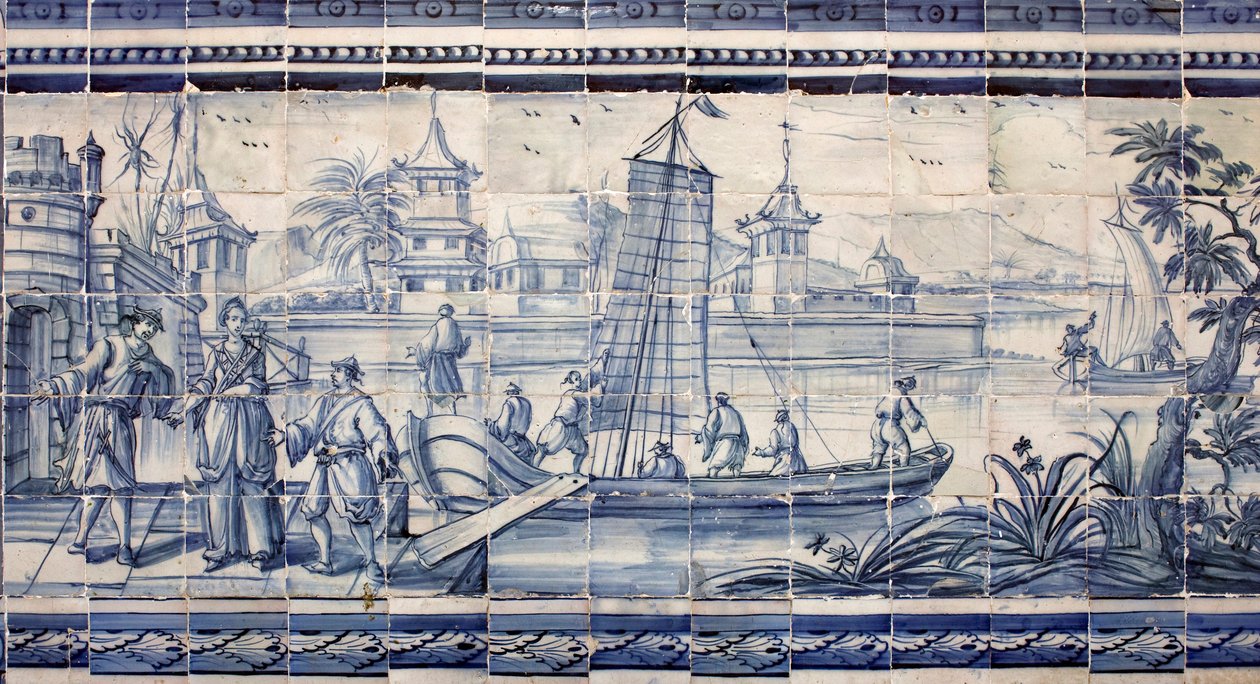 Kohtaus joen rannalla Aasiassa - Azulejos, maalattu fajanssi tekijältä Portuguese School
