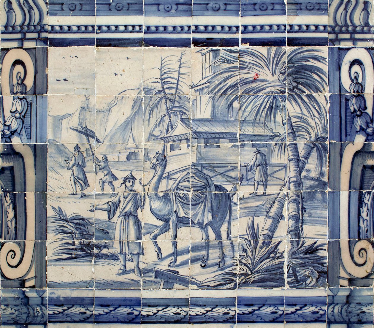 Kohtaus kamelin kanssa Aasiassa - Azulejos, maalattu fajanssi tekijältä Portuguese School