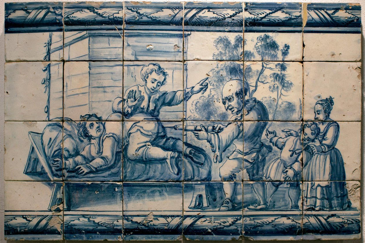 Lääkäri tekee peräruiskeen potilaalle - Lissabonin satiirinen paneeli, 1700-luvun ensimmäinen puolisko (Lääkäri - Satiirinen paneeli, 1700-luvun alkupuoli) - Musee national des azulejos, Lissabon (Portugali) tekijältä Portuguese School