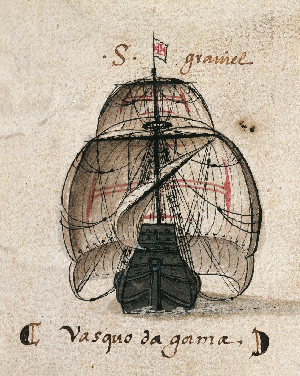 Vasco da Gaman karavelli, kuvitus teoksesta "Memorias das Armadas...", n. 1568 (akvarelli paperille) tekijältä Portuguese School