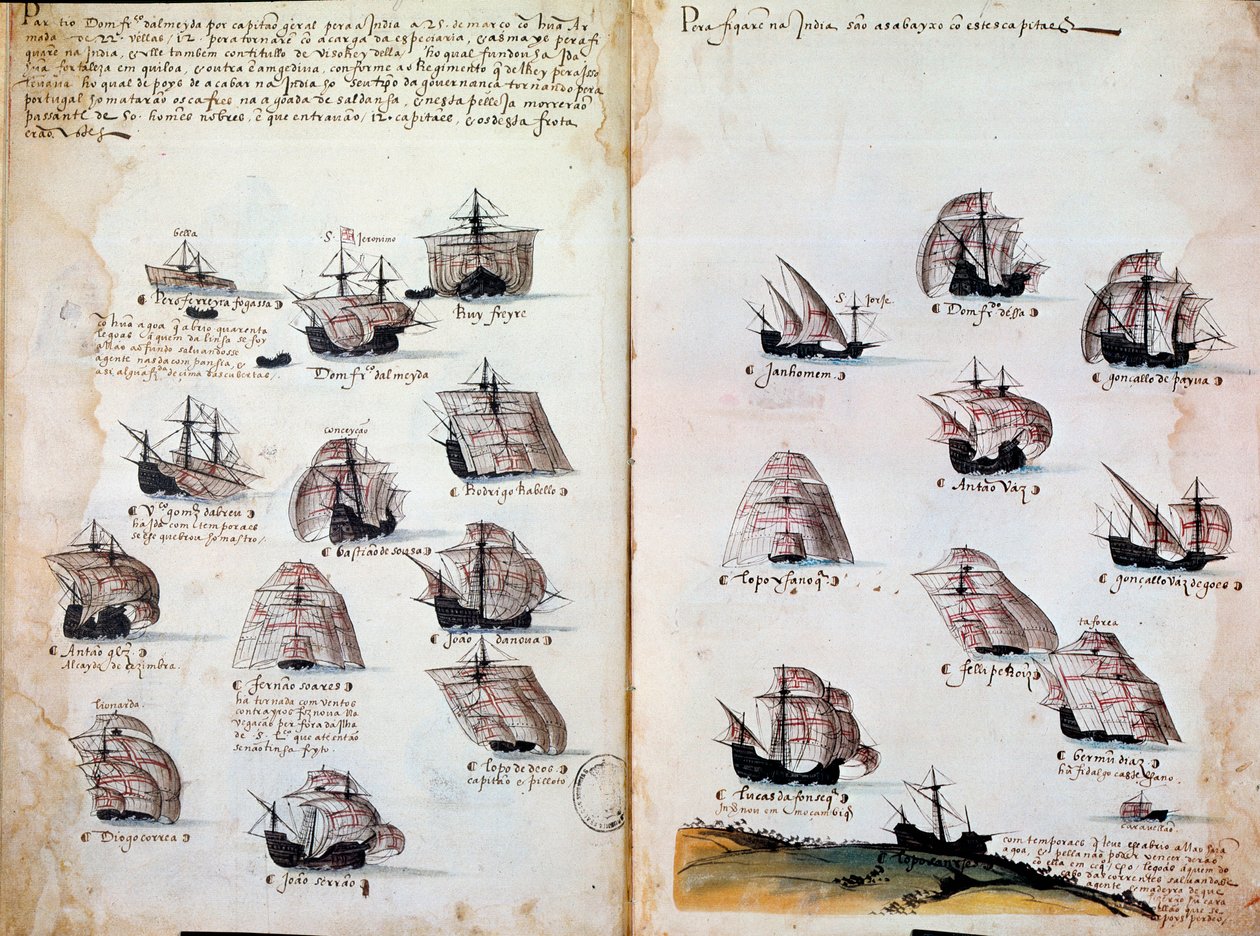Sotalaivoja. Muistoja Portugalin armadoista kuningas Manuel I:n (1469 - 1521) aikana. Käsikirjoitus vuodelta 1505. Pariisi. BN tekijältä Portuguese School